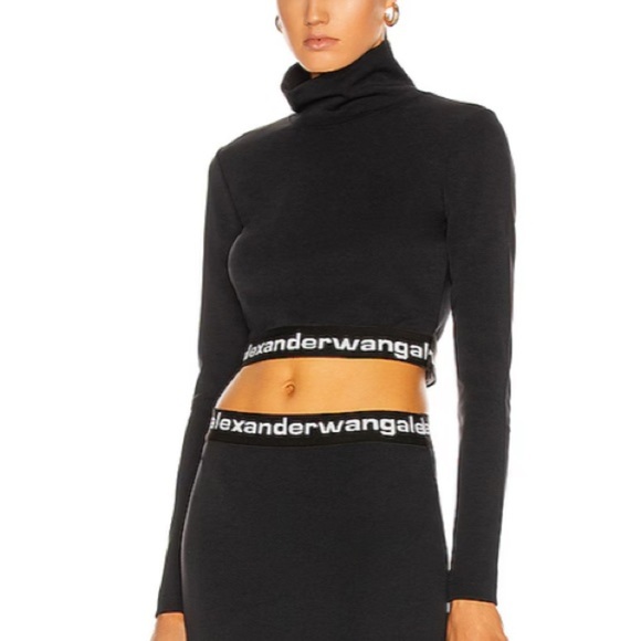 Alexander Wang Logo Elastic Cropped Mock Neck Top Long Sleeve Black - Picture 14 of 15